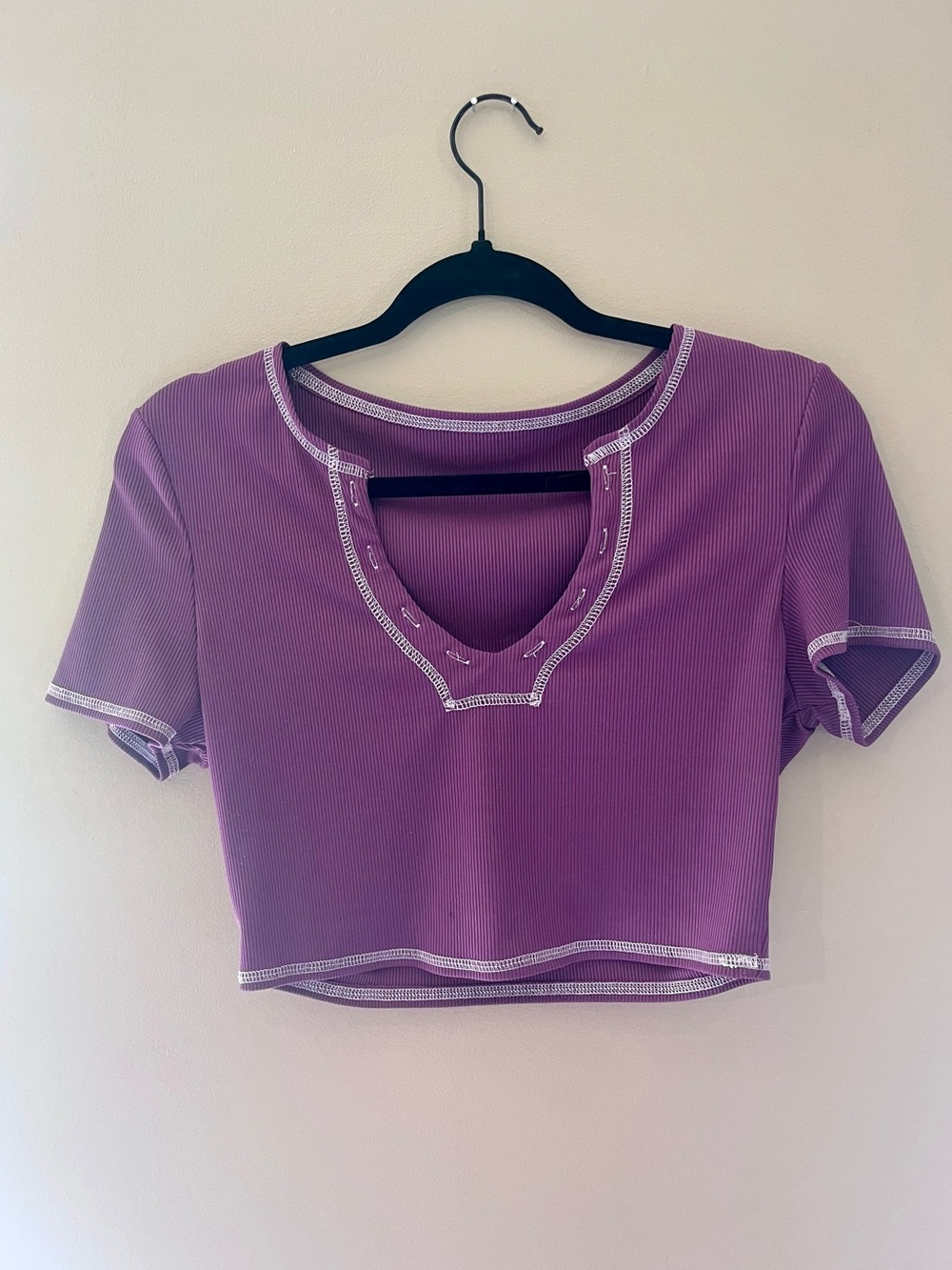 Purple Short Sleeve Ribbed Crop Top with Contrast Trim